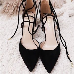 Lulu’s Marie Black Faux Suede Lace-Up Heels